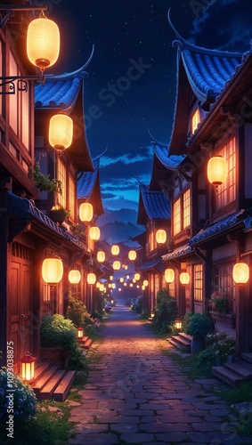 Wallpaper Mural Fantasy anime village glowing lanterns quiet streets peaceful night Torontodigital.ca