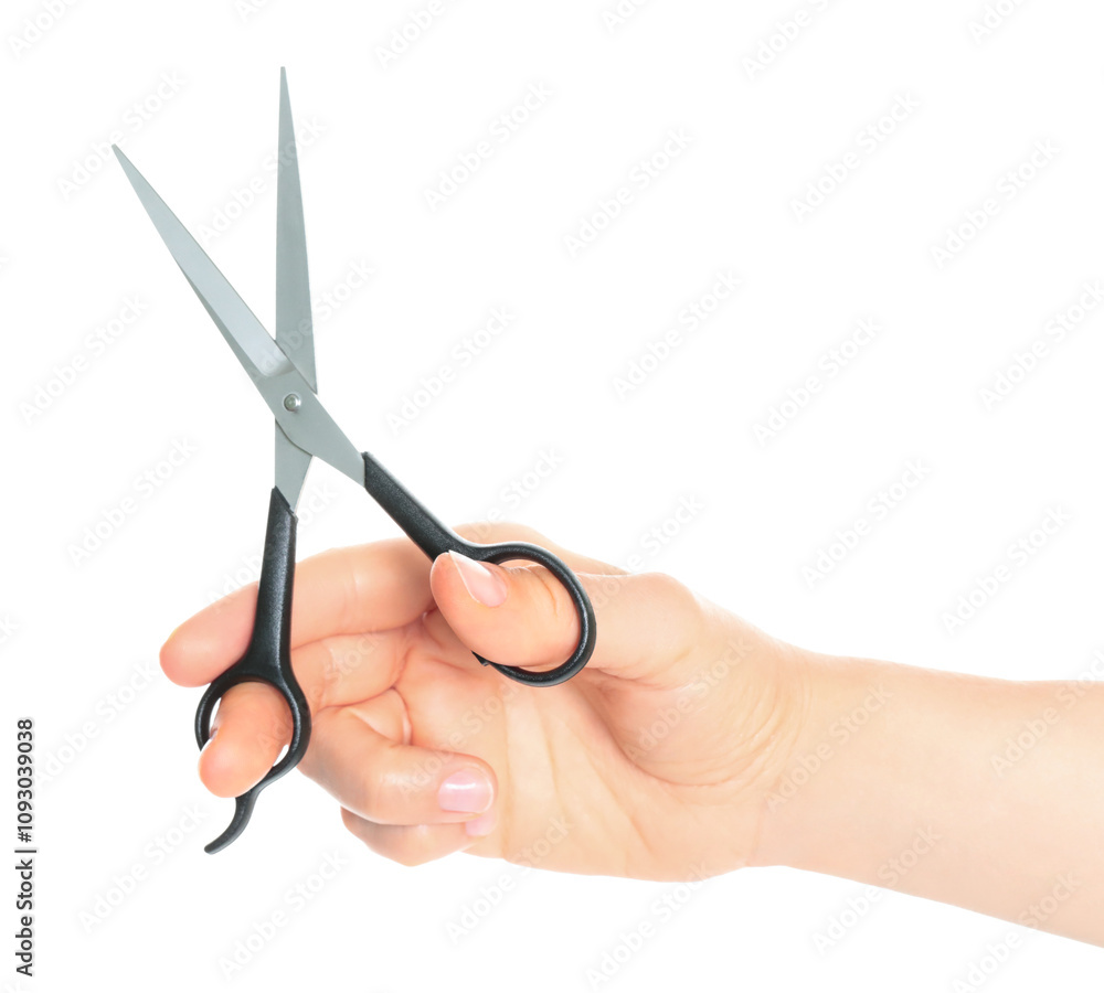 Woman hand holds Office Scissors, isolated on transparent background, stationery concept Woman hand holds Office Scissors, isolated on transparent background, stationery concept