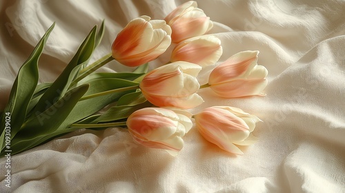 romantic soft valentine love story emotion Pink tulips on soft fabric background