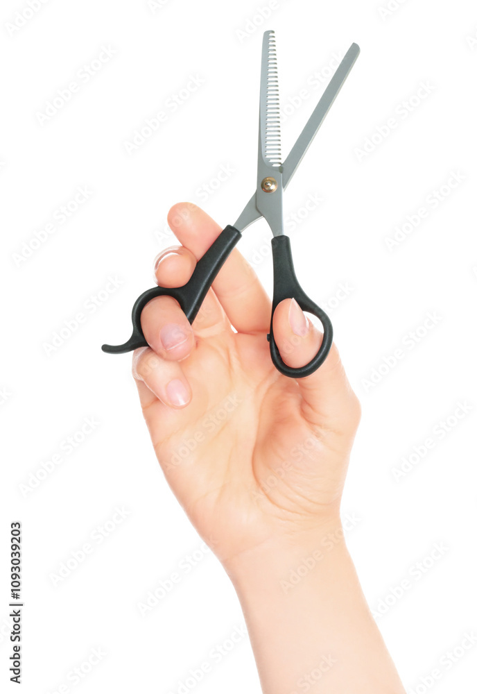 Woman hand holds Office Scissors, isolated on transparent background, stationery concept Woman hand holds Office Scissors, isolated on transparent background, stationery concept