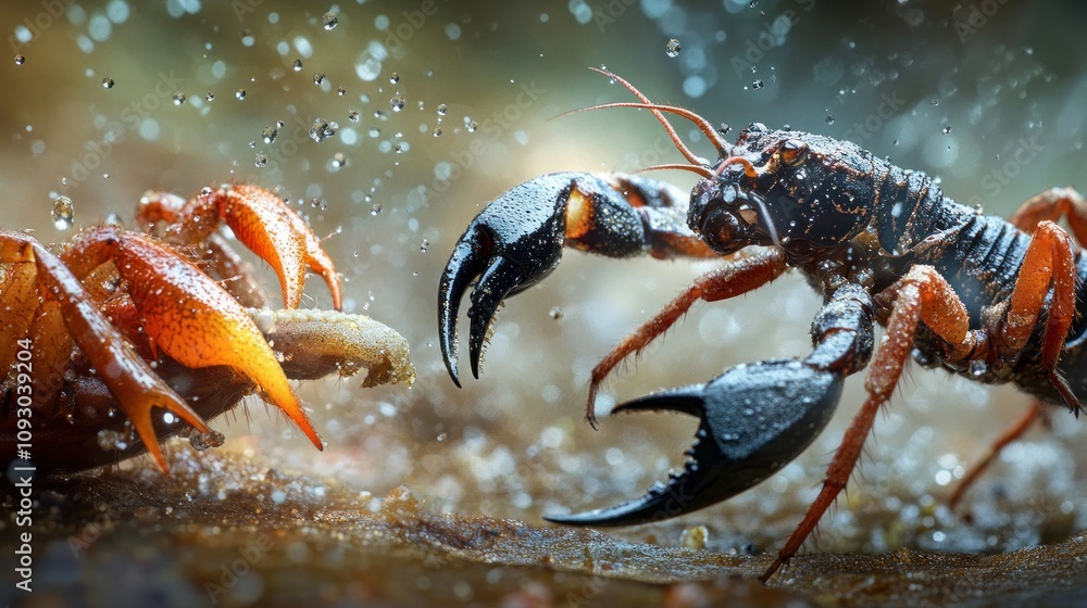 A Close-Up of Two Scorpions Facing Each Other in the Rain A Close-Up of Two Scorpions Facing Each Other in the Rain