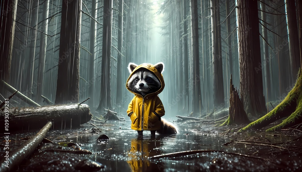 Fototapeta premium Sad Cartoon Racoon with Raincoat in Dark Rainy Forest