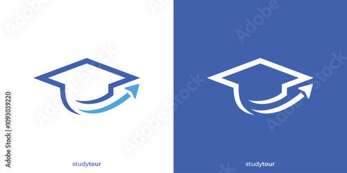 Simple Study Tour Logo. Graduation Hat and Plane or Jet Arrow Icon Graphic. Education Tour Logo, Icon, Symbol, Vector, Design Template.