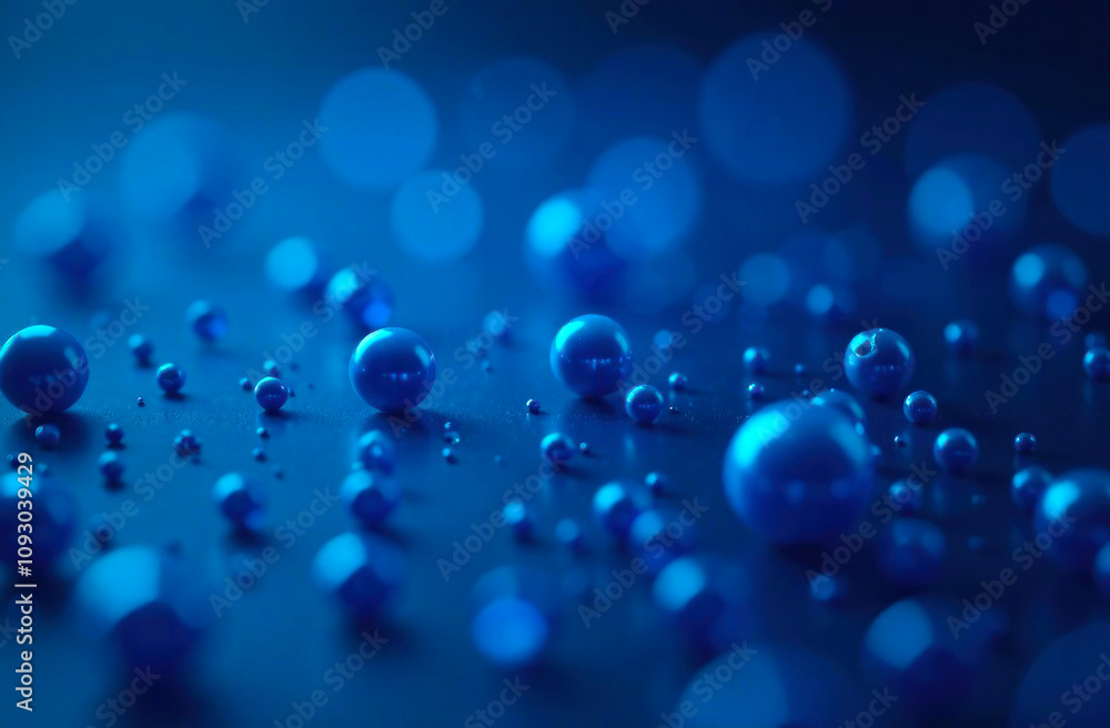 Shimmering blue beads are scattered across a dark surface, reflecting light in a captivating way Shimmering blue beads are scattered across a dark surface, reflecting light in a captivating way