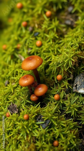 Small orange mushrooms grow among vibrant green moss in a forest setting during daylight