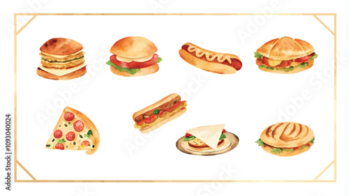 A set of vector illustrations of different types of hot dogs and sandwiches. photo