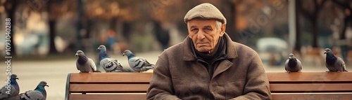 Elderly Man Sitting on Bench Surrounded by Pigeons in Warm Toned Urban Setting