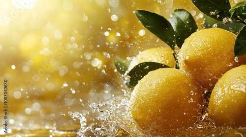 Energetic fresh lemons in brilliant water splash scene photo