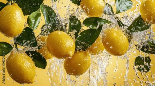 Fresh lemons with water droplets and leaves floating