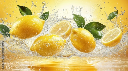 Lemons splashing vividly in golden water background. photo