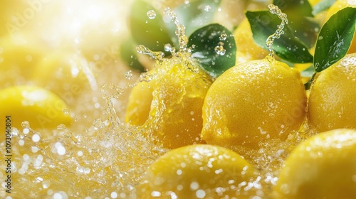 Dynamic lemons with droplets in radiant water splash. photo