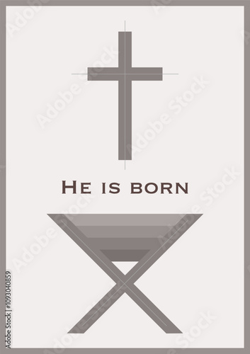 Nativity scene, manger or cradle for the birth of baby Jesus, cross. Vector illustration. Christmas. He is born.