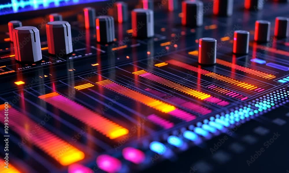 Close-up of vibrant equalizer display on audio mixer. Close-up of vibrant equalizer display on audio mixer.
