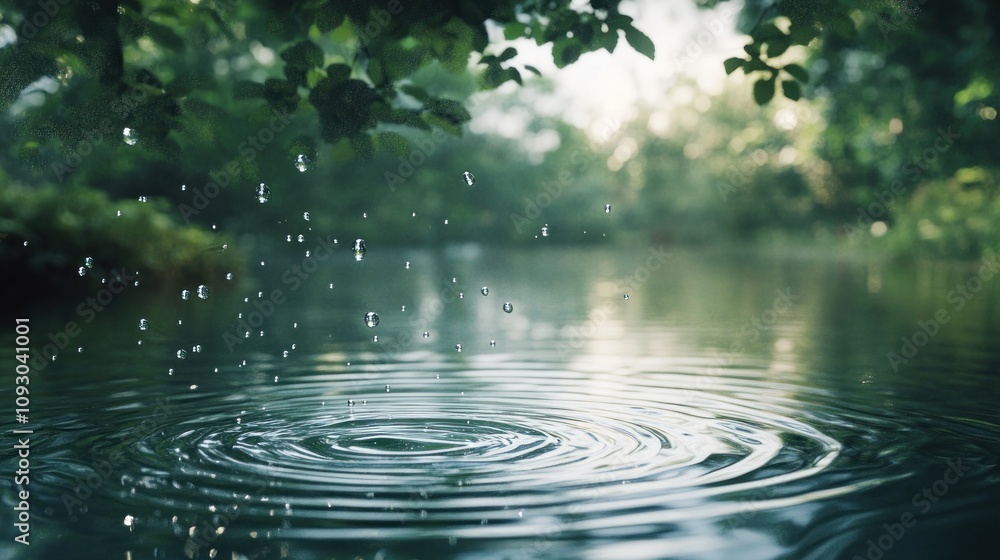 Tranquil Water Surface with Gentle Rain Drops Falling Among Lush Greenery in a Serene Natural Environment Showcase, Evoking Calmness and Peacefulness Tranquil Water Surface with Gentle Rain Drops Falling Among Lush Greenery in a Serene Natural Environment Showcase, Evoking Calmness and Peacefulness
