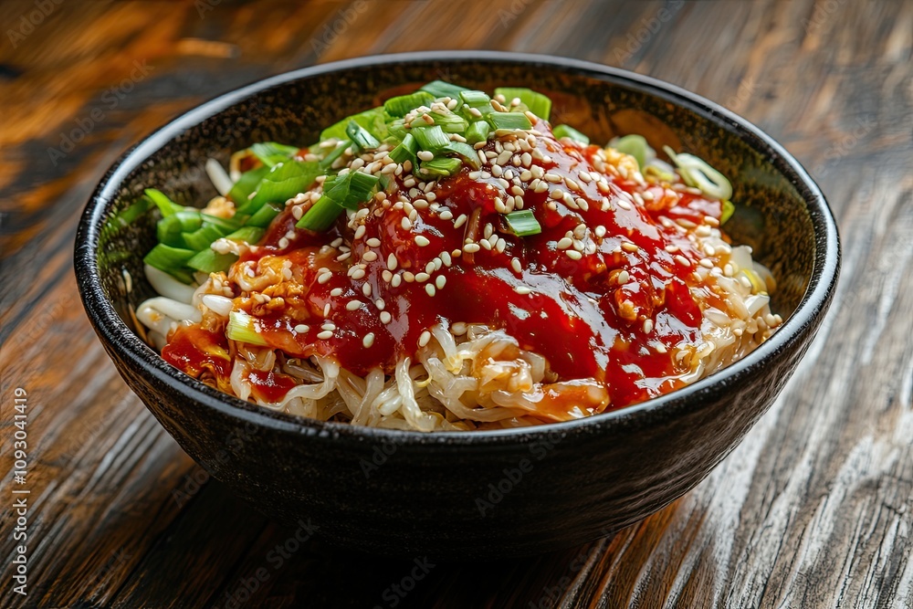 Bashu cold noodles topping with chilli paste, spring onion and sesame seeds served in bowl isolated on wooden table side view of hong kong fast food Bashu cold noodles topping with chilli paste, spring onion and sesame seeds served in bowl isolated on wooden table side view of hong kong fast food