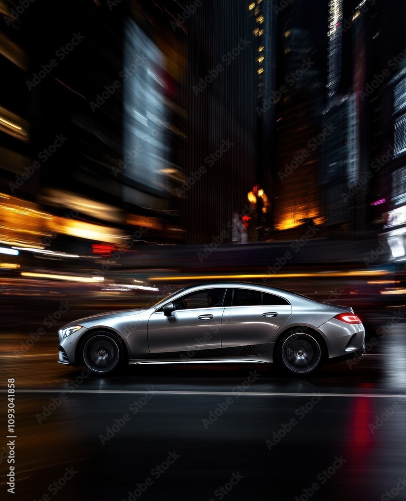 Side profile of sleek silver car on lively night street Side profile of sleek silver car on lively night street