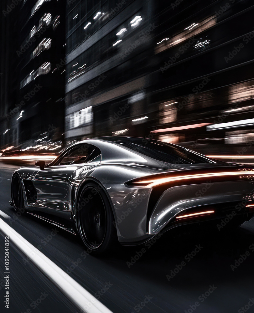 Fototapeta premium Futuristic car tail lights in vibrant city blur