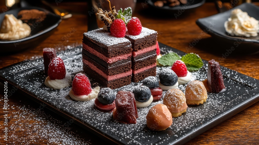 Delicious Chocolate Raspberry Cake Dessert Platter with Berries and Cream Delicious Chocolate Raspberry Cake Dessert Platter with Berries and Cream