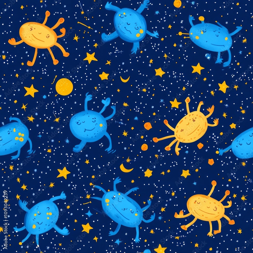 Cute cartoon space creatures and stars seamless pattern. Cute cartoon space creatures and stars seamless pattern.