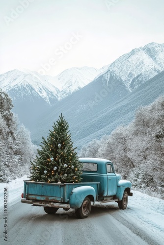 Vintage truck with Christmas tree driving through snowy mountain landscape