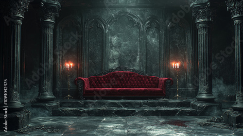 Black Gothic style hall with a red velvet sofa and black stone columns, illuminated by candlelight, creating a dark, atmospheric ambiance. photo