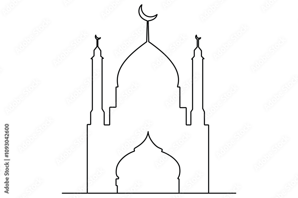 Mosque one line art vector minimalist design islamic mosque outline ornament black and white background Mosque one line art vector minimalist design islamic mosque outline ornament black and white background