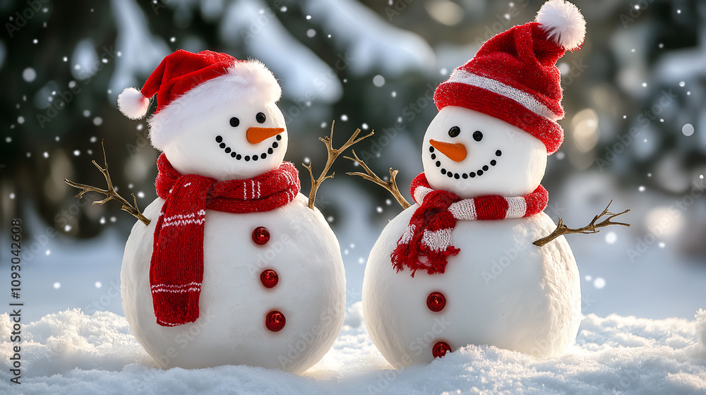 Two cheerful snowmen standing in winter christmas landscape. Merry christmas and happy new year greeting card Two cheerful snowmen standing in winter christmas landscape. Merry christmas and happy new year greeting card