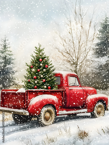 Christmas truck with tree in snowy landscape winter scene nature viewpoint