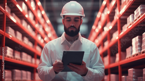 A loader in a white helmet audits inventory with a tablet in a modern grocery warehouse, surrounded by shelves and ample space for a trade concept with text. photo