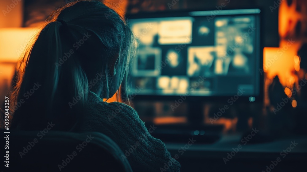 Woman Using Computer Night Screen Home Office Back View Woman Using Computer Night Screen Home Office Back View