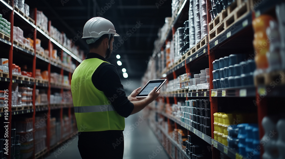 A loader in a reflective vest and white helmet audits goods on a tablet in a spacious grocery warehouse aisle, creating a professional wholesale image with room for text. A loader in a reflective vest and white helmet audits goods on a tablet in a spacious grocery warehouse aisle, creating a professional wholesale image with room for text.