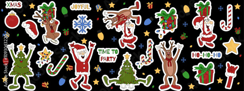 Big Christmas Sticker Pack isolated black background. Set funky weird  Christmas Sticker. Santa claus reindeer Christmas tree character Sticker collection. Vector illustration for social media.  