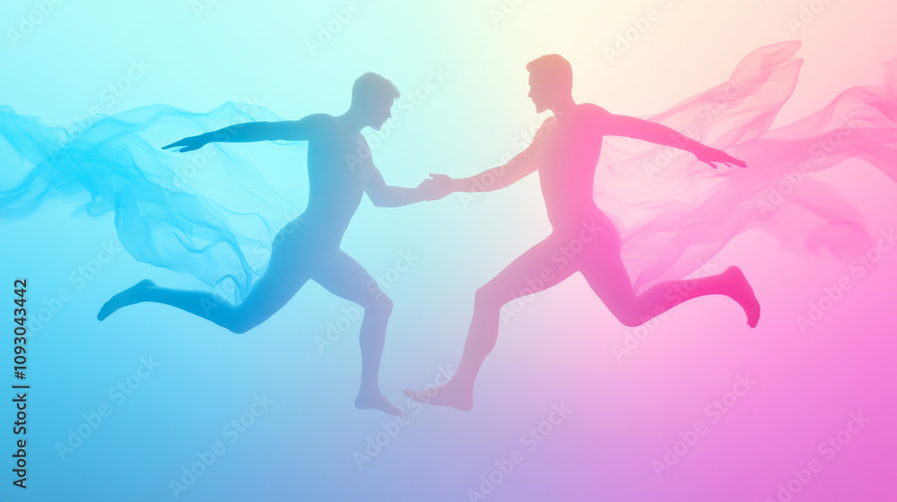 Two silhouetted figures leap towards each other against vibrant, colorful background, with flowing fabric adding sense of motion and energy Two silhouetted figures leap towards each other against vibrant, colorful background, with flowing fabric adding sense of motion and energy