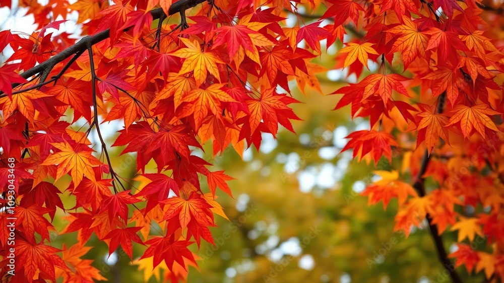 A colorful array of autumn leaves in shades of crimson and gold are scattered across a tree's branches, colorful foliage, seasonal change A colorful array of autumn leaves in shades of crimson and gold are scattered across a tree's branches, colorful foliage, seasonal change