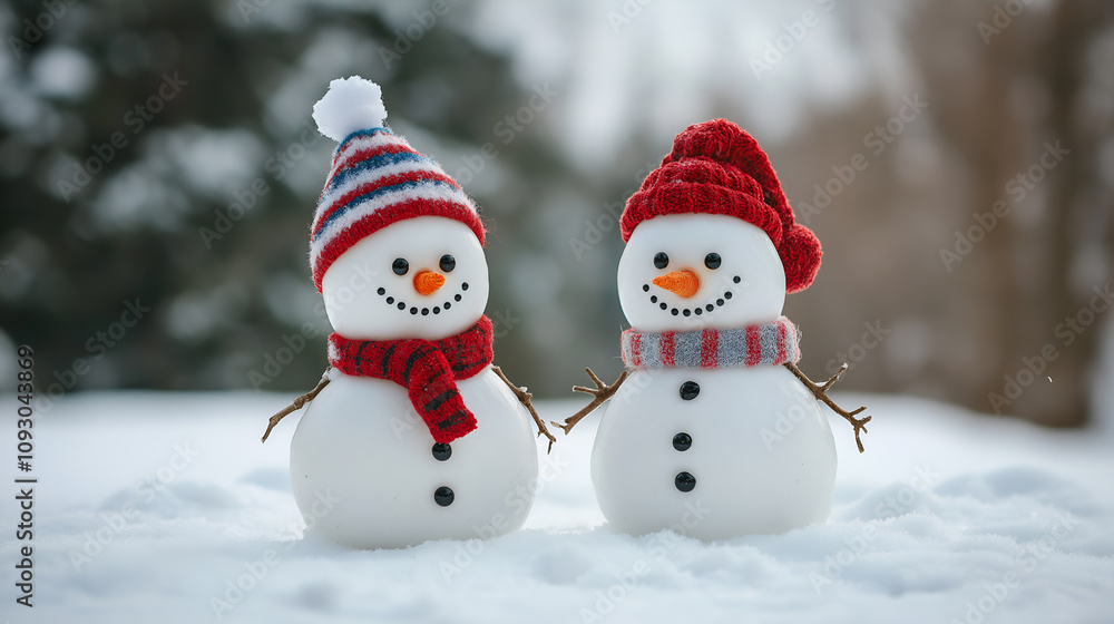Two cheerful snowmen standing in winter christmas landscape. Merry christmas and happy new year greeting card Two cheerful snowmen standing in winter christmas landscape. Merry christmas and happy new year greeting card