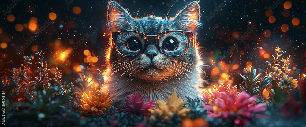 Cat wearing glasses, surrounded by colorful flowers and plants, in a digital art style. Cat wearing glasses, surrounded by colorful flowers and plants, in a digital art style.