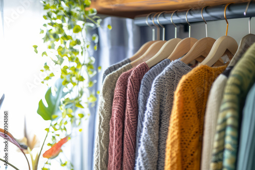 Colorful warm sweaters hanging on hangers in second hand clothing shop, charity shop, thrift store photo