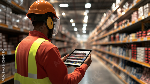 A grocery warehouse aisle filled with products; a loader in reflective gear and helmet reviews inventory on a tablet, creating a wholesale display with space for text. photo