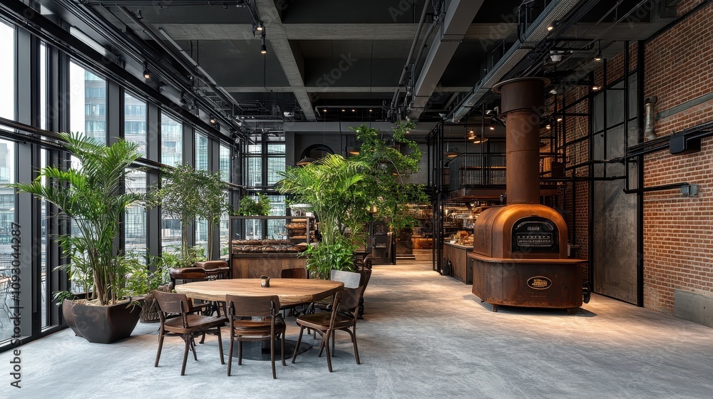 Modern Industrial Restaurant Interior Design with Rustic Oven and Greenery Modern Industrial Restaurant Interior Design with Rustic Oven and Greenery