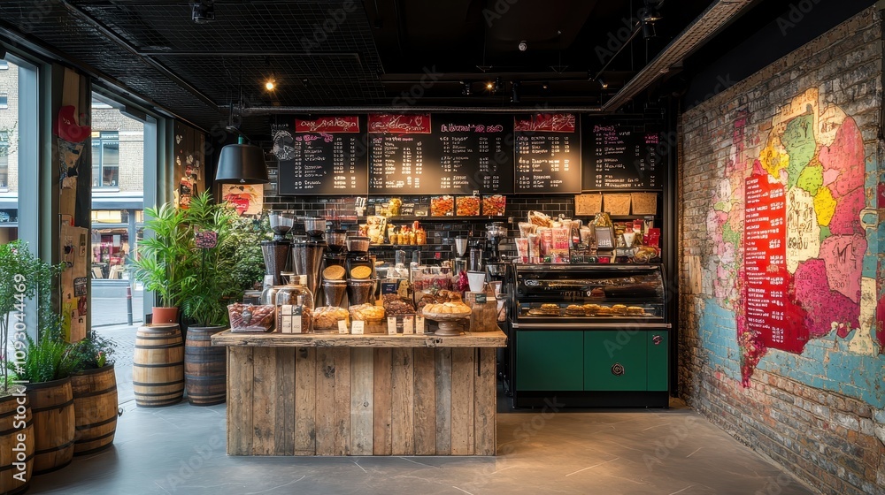 Rustic Coffee Shop Interior Bakery Cafe Menu Brick Wall Wooden Counter Plants Rustic Coffee Shop Interior Bakery Cafe Menu Brick Wall Wooden Counter Plants