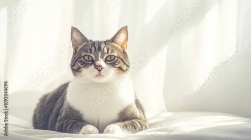 Wallpaper Mural A tabby cat lounging on a soft bed in a sunlit room during the morning hours, enjoying the warm sunlight streaming through the window Torontodigital.ca