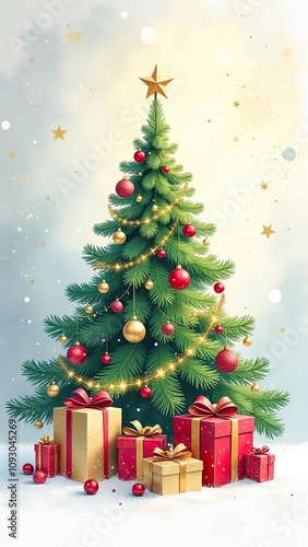 Watercolour green christmas tree and gift boxes on a radiant background. Greeting card for Christmas and New Year. AI generated