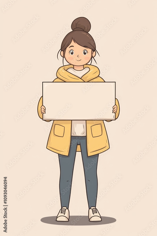 A young woman confidently holds a blank sign, symbolizing the call for gender equality and empowerment on International Women's Day in a vibrant setting A young woman confidently holds a blank sign, symbolizing the call for gender equality and empowerment on International Women's Day in a vibrant setting