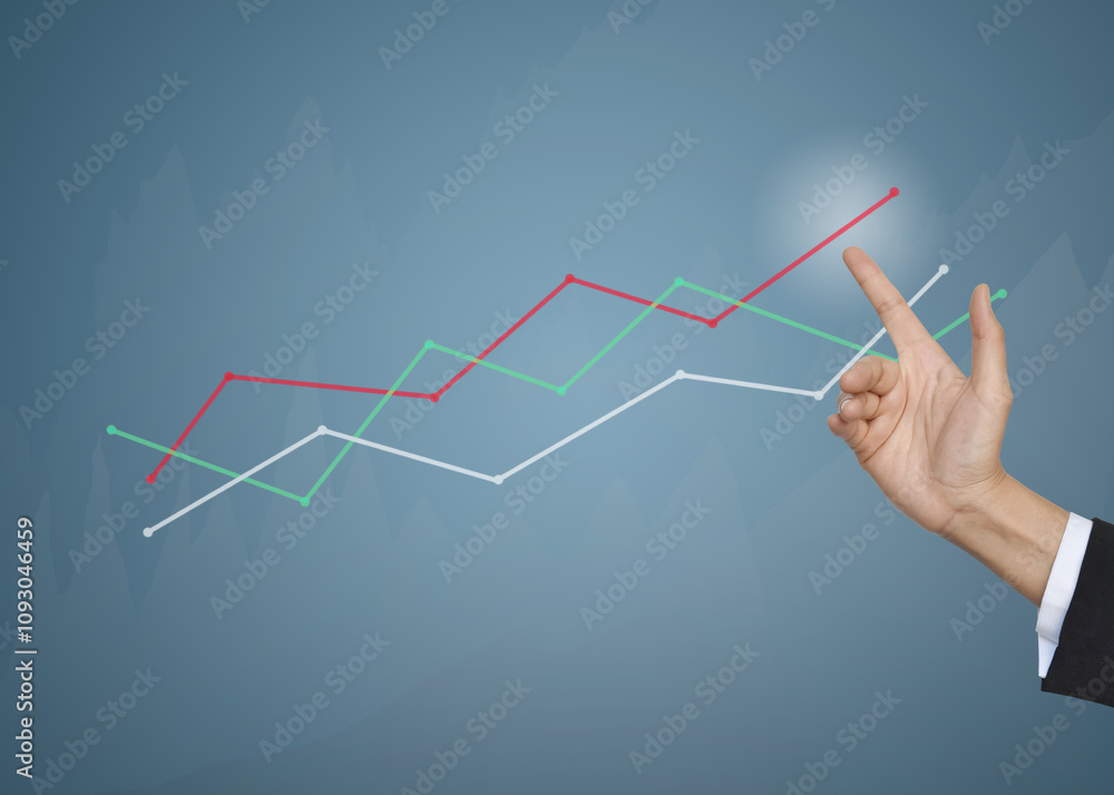 Hand touching growth graphs of financial indicator and accounting market economy analysis chart, business strategy concept. Hand touching growth graphs of financial indicator and accounting market economy analysis chart, business strategy concept.