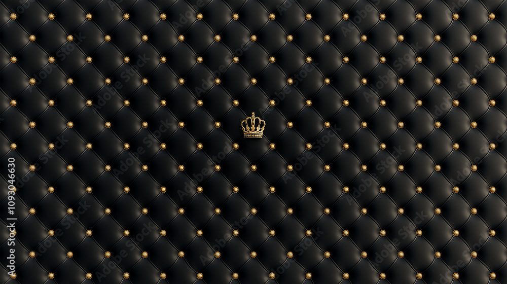 Naklejka premium Luxurious and tufted black leather texture, quilted into diamond-shaped sections decorated by a crown embellishment, for high-end branding or luxury designs, with an elegant and premium quality