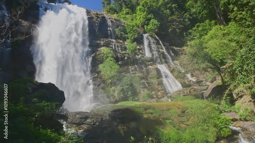 An elevated view of waterfall in the park.