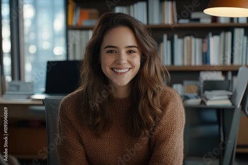 Smiling woman in cozy sweater sitting at desk in warm, inviting workspace during daytime