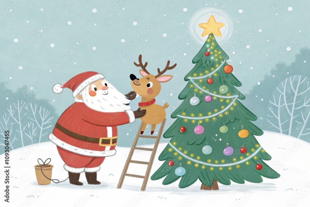 Santa Claus and a deer decorating a Christmas tree. Santa Claus and a deer decorating a Christmas tree.