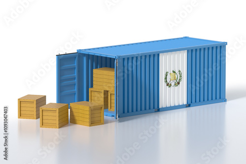 Cargo Container with Guatemala Flag Being Unloaded with Wooden Crates on White Background