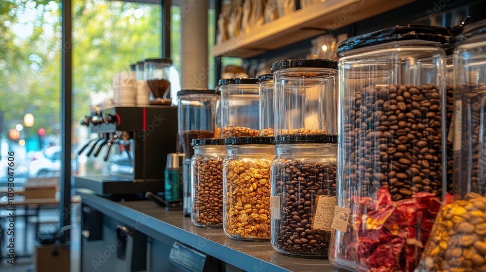 Coffee Shop Interior Roasted Coffee Beans in Glass Jars Cafe Display